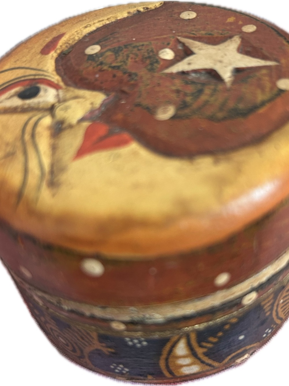 Vintage Mexican Folk Art-Painted Round Decorative Wooden Trinket Box celestial